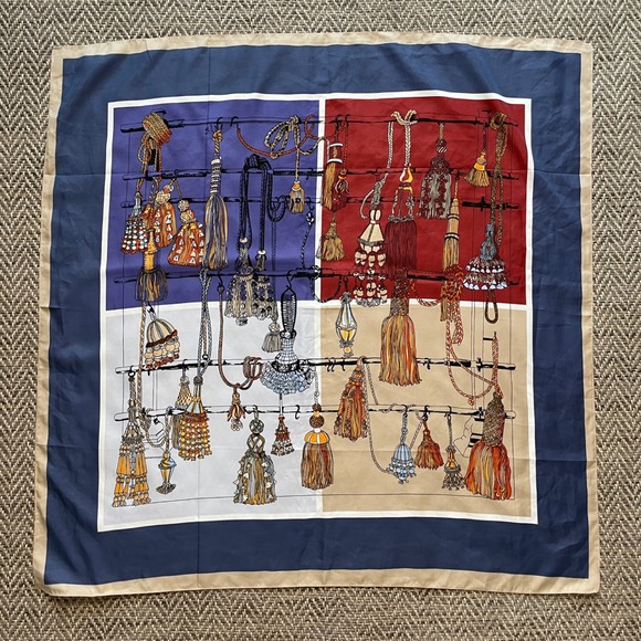 Unbranded Accessories - Silk Square Scarf Navy Burgundy Tassel Rope Print 35x35 Dark Academia Old Money